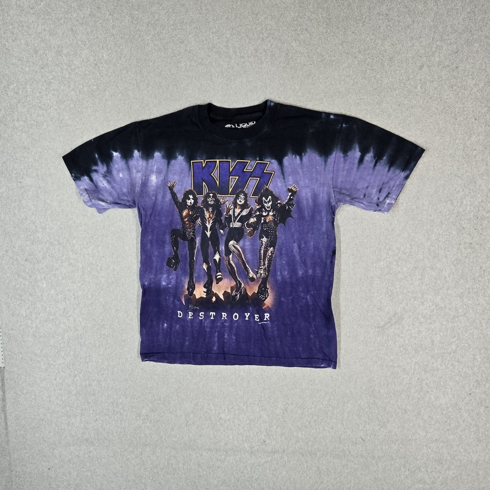 KISS Women Shirt S Purple Destroyer 2005 Graphic Band Tee Tie Dye Liquid Blue